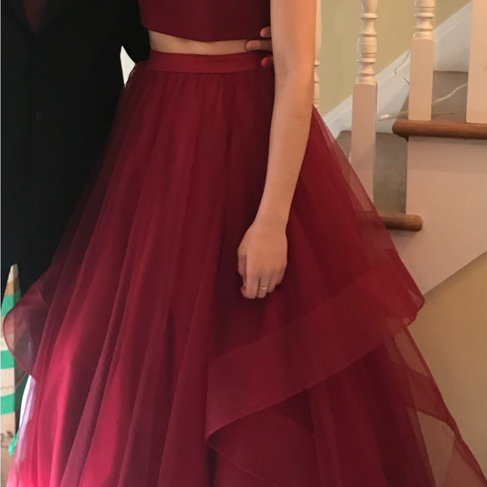 Red Strapless Asymmetrical Tiered Prom Gown